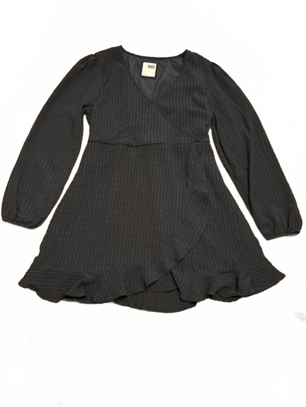 Black Long Sleeve Wrap Dress with Ruffle Hem